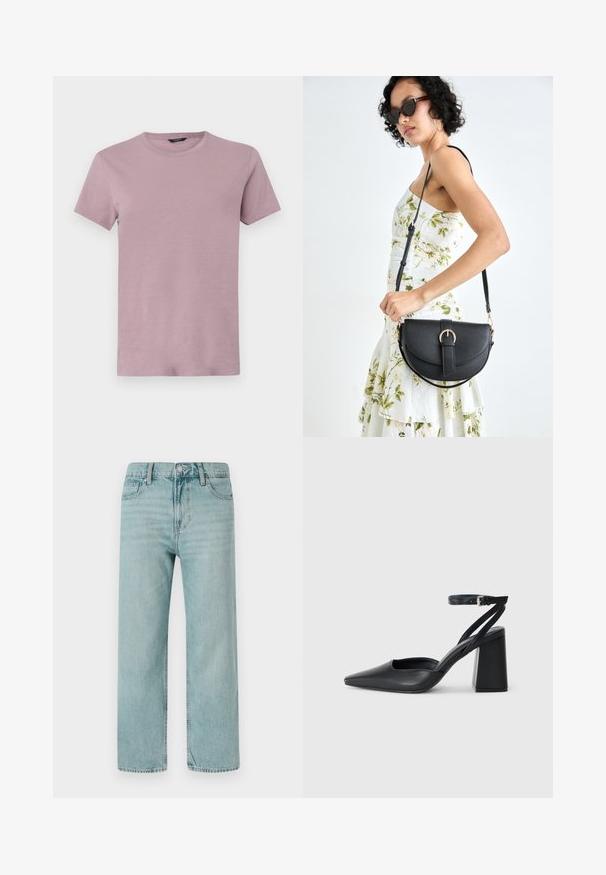 Men's crew neck t-shirt in light mauve, made of soft fabric. Short sleeves, regular fit, with a smooth texture and no visible patterns.; Light blue wide-leg jeans made from denim, featuring a classic five-pocket design, clean lines, and a regular waistband with a button closure.; Black leather pointy-toe pump with an ankle strap and a chunky heel. Flat texture, sleek design, and minimalistic aesthetics.; Black leather handbag with a curved shape, detachable strap, and gold hardware. The bag features a flap with a buckle detail.