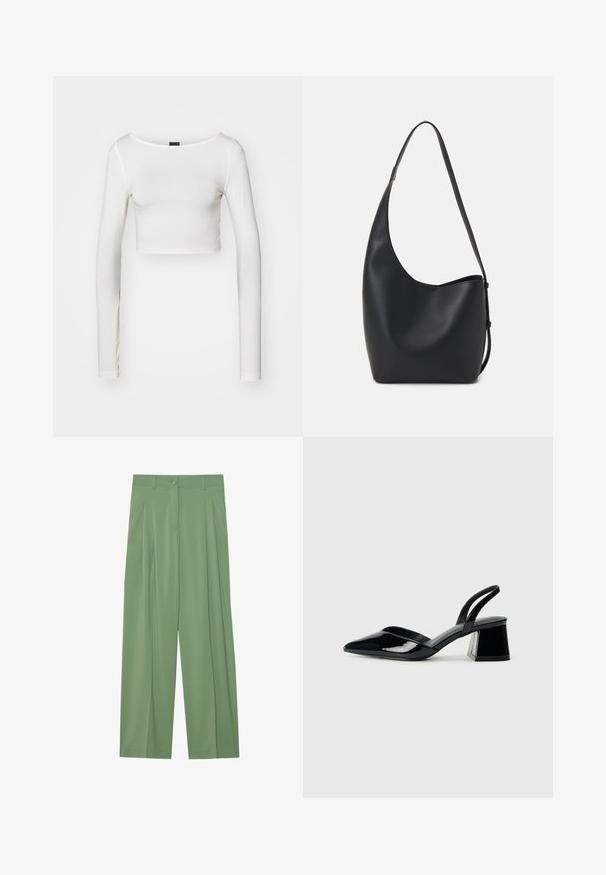 Gina Tricot SOFT TOUCH CROPPED TOP - Maglietta a manica lunga - pristine; Pantaloni ampi verdi realizzati in tessuto morbido. Presentano pieghe sul davanti, una chiusura con un singolo bottone e passanti per cintura.; Décolleté in vernice nera con punta affusolata e tacco in geometria cubica. Presentano un design elegante e minimalista, con una texture liscia.; Borsa hobo nera in pelle con una superficie liscia, forma curvata e una singola tracolla regolabile; presenta un'ampia apertura nella parte superiore.