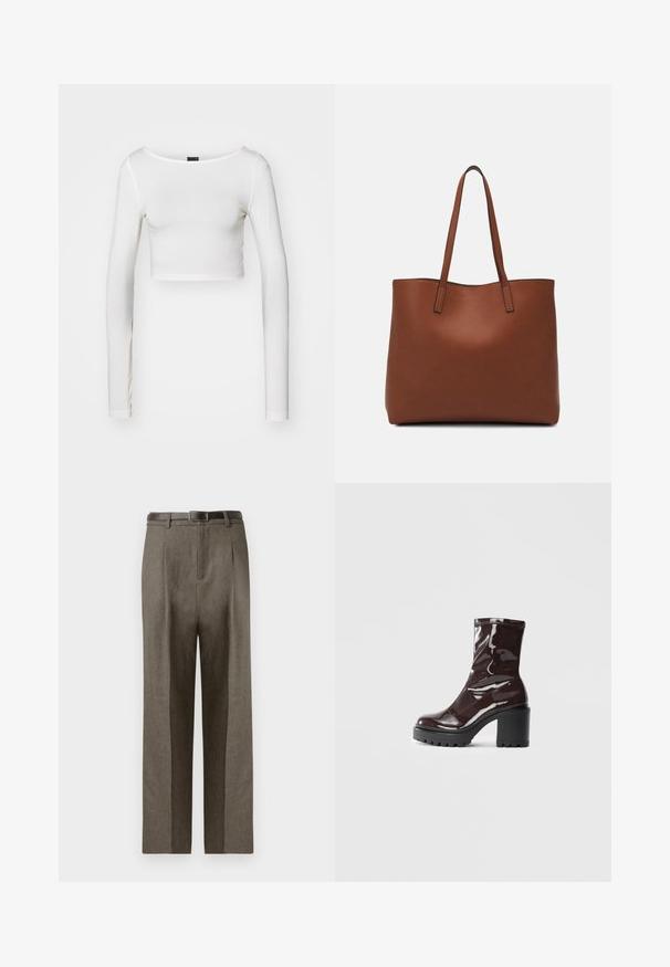 Gina Tricot SOFT TOUCH CROPPED TOP - Pikkade varrukatega topp - pristine; Pruunid kohandatud püksid sirge lõikega, millel on sile tekstuur, vöölõngad ja lame eesmine disain.; Klakav läikiv burgundi värvi pahkluu saabas, millel on paks must konts, sile tekstuur ja lihtne disain. Nähtavad kinnitused või mustrid puuduvad.; Pruun nahast tote-kott, millel on sile tekstuur, avatud ülaosa disain ja kaks õlarihma. Omab minimaalset õmblust ja nähtavat riistvara ei ole.