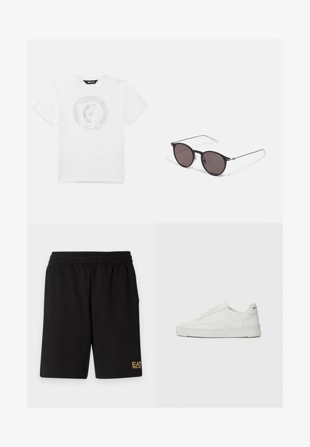 White short-sleeve T-shirt with round neck, featuring a silver circular snake and letter "J" logo with "Just Cavalli" text on front.; Black athletic shorts made of soft fabric,Featuring an elastic waistband and a small yellow EA7 logo on the lower left leg.; White leather sneaker with a smooth finish, round toe, flat laces, and a textured sole. Features a subtle logo on the heel.; Black round sunglasses with dark lenses and slim metal arms. Includes clear temple tips and silver accents at the hinge. Minimalist design.