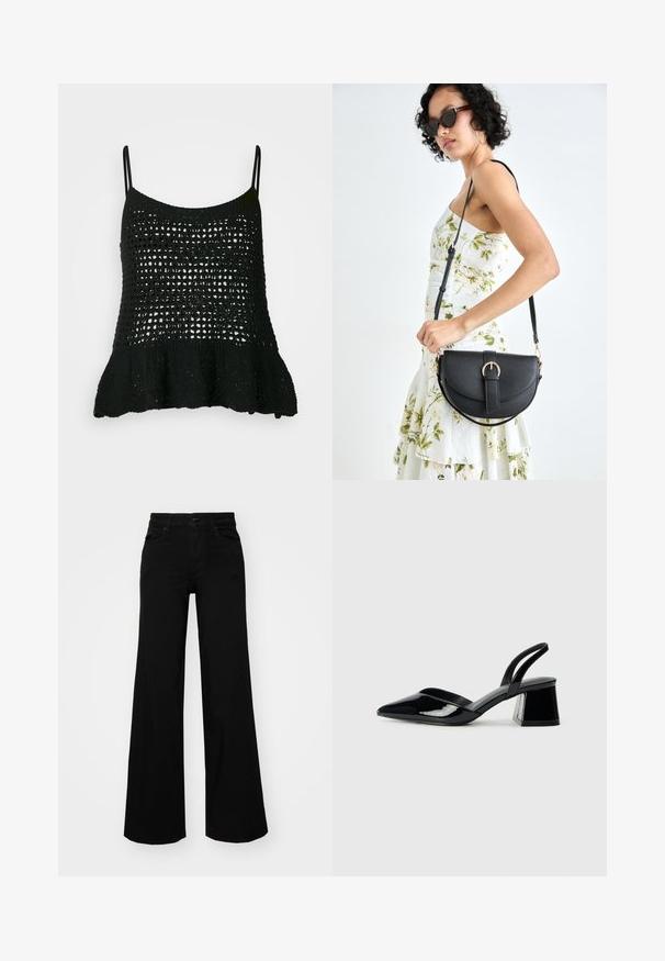 Black knitted tank top featuring a loose crochet design, thin straps, and a flared bottom hem for added shape and texture.; Black wide-leg pants made of denim, featuring a structured waistband, belt loops, and front pockets. Smooth texture with a classic design.; Black patent leather slingback heels with a pointed toe and a geometric block heel. Features a sleek, minimal design and smooth texture.; Black leather handbag with a curved shape, detachable strap, and gold hardware. The bag features a flap with a buckle detail.