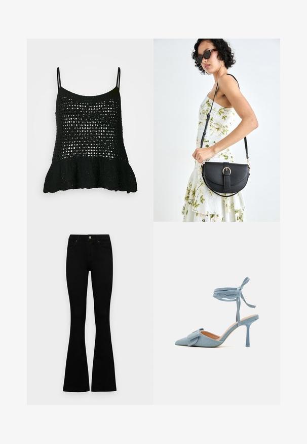 Svart strikket tanktop med løs hekledesign, tynne stropper og flared bunnkant for ekstra form og tekstur.; Sorte høytlivsjeans med knapp og glidelås, frontlommer og utsvingte bein liggende flatt på en hvit bakgrunn.; Pekepusted hæl sko i lyseblå stof med en tekstureret finish, med en sløjfeaccent og ankelrem for en sikker pasform.; Svart lærveske med en buet form, avtagbar stropp og gullbeslag. Vesken har et klaff med spenne-detall.