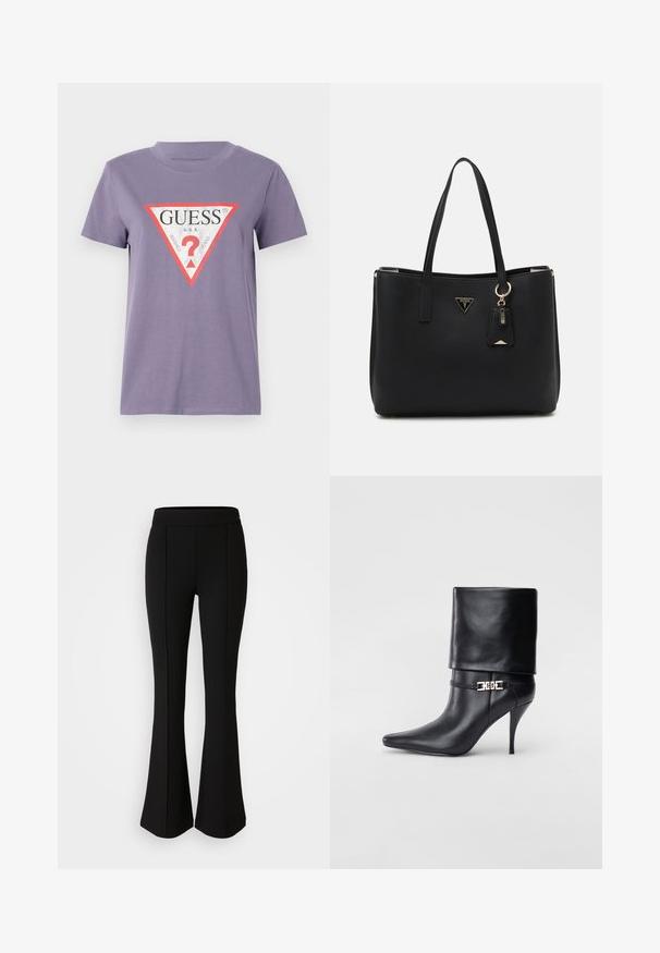 Camiseta de manga corta morada hecha de algodón, con un gran logo triangular que lleva el texto "GUESS U.S.A." en rojo y blanco.; Pantalones de campana negros hechos de un material elástico con una textura suave, que presentan detalles de costura en la parte frontal para un diseño adicional.; Botín de cuero negro hasta el tobillo con punta afilada, tacón alto de aguja, puño doblado y un detalle decorativo de hebilla dorada en el tobillo.; Bolso tote negro hecho de material sintético texturizado, con dos asas, una placa de logo dorada y una pequeña etiqueta con un detalle de acento.