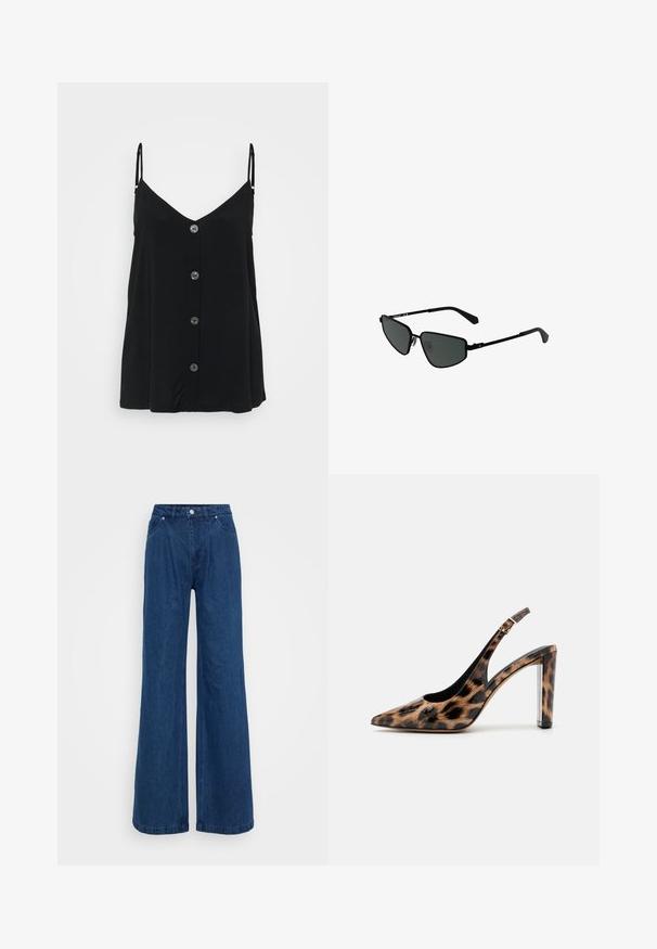 Camisola nera con spalline sottili regolabili, scollo a V e sei bottoni frontali. Tessuto morbido con una texture liscia e leggera.; Jeans in denim blu a gamba larga con vita alta, chiusura frontale con bottone e zip, e tasche anteriori e posteriori su uno sfondo semplice.; Décolleté con stampa leopardata, dotato di cinturino alla caviglia e tacco a blocco trasparente. Realizzato in materiale lucido con una superficie morbida.; Occhiali da sole in stile black metal con montatura angolare e lenti scure. Presentano aste sottili e dritte e naselli per una vestibilità sicura.