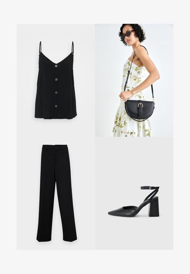 Camisole noire avec de fines bretelles ajustables, un décolleté en V et six boutons sur le devant. Tissu doux avec une texture lisse et légère.; Pantalons larges noirs en tissu lisse, avec une taille classique à fermeture à bouton et des plis sur le devant.; Escarpin noir en cuir à bout pointu avec une bride de cheville et un talon épais. Texture lisse, design élégant et esthétique minimaliste.; Sac à main en cuir noir avec une forme courbée, bandoulière amovible et des accessoires en or. Le sac est doté d'un rabat avec un détail de boucle.; Boucle d'oreille en métal doré avec un design élégant et courbé. Présente une forme conique distinctive, une surface polie et une fermeture à charnière.