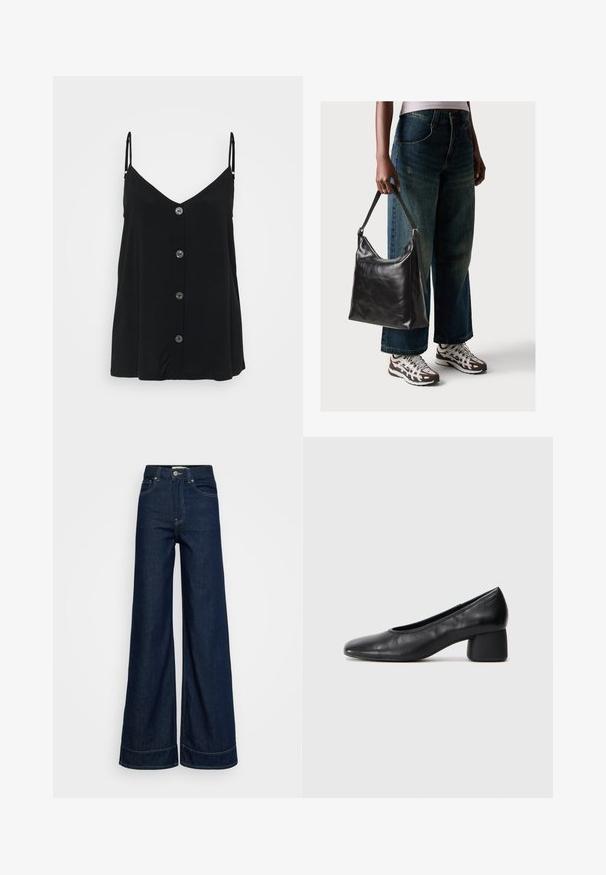 Črna kamisola z tankimi nastavljivimi trakovi, V-izrezom in šestimi sprednjimi gumbi. Mehka tkanina z gladko, lahko teksturo.; Temno modre jeans hlače z visokim pasom in širokimi nogavicami, z prednjimi žepi, zanke za pas, gumbom za zapiranje in vidno šivinami na belem ozadju.; Črne usnjene petke z zaobljenim nosom in srednjo blok peto. Gladka tekstura z minimalnimi detajli, ki vključuje subtilno elastično odprtino.; Črna usnjena torba za ramo z gladko teksturo in nastavljivim trakom, v kombinaciji z zbledelimi širokimi hlačami in športnimi supergami.