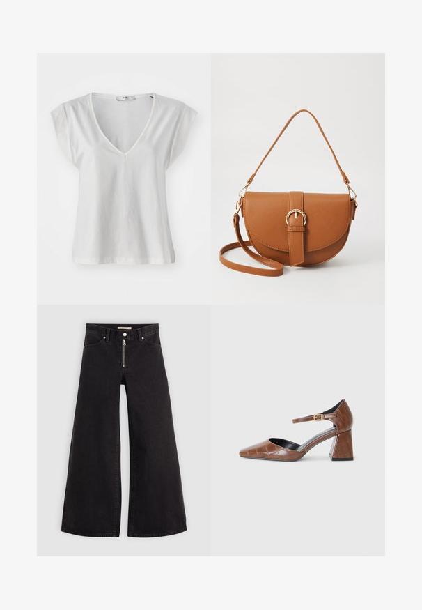 T-shirt branco com decote em V e mangas curtas, feito de um tecido de algodão suave. Apresenta um corte simples e um ajuste ligeiramente descontraído.; Calças de ganga de perna larga em denim preto com fecho éclair à frente, design de cinco bolsos e detalhes de costura subtil. Textura suave e estilo casual.; Sapato de salto em couro patente castanho com bico quadrado, padrão textura crocodilo, tiras no tornozelo com fivela dourada e salto grosso.; Bolsa transversal de couro castanho com um formato curvado, ferragens douradas e um detalhe de fivela. Inclui uma alça de ombro destacável.