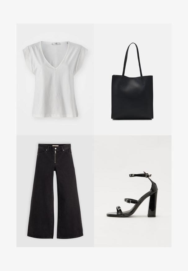 Hvit V-hals T-skjorte med cap sleeves, laget av myk bomullsstoff. Har en enkel snitt og en litt avslappet passform.; Vide benbukser i sort denim med glidelås i front, fem-lomme design og subtile sømdetaljer. Glatt tekstur og avslappet stil.; Svart høyglans sandaler med hæl, firkantet tå, ankelremmer og sølvspenner. Har en kraftig blokkhæl for stabilitet.; Svart lær tote bag med glatt tekstur, rektangulær form og to lange håndtak. Ingen synlige deler eller dekorasjoner.
