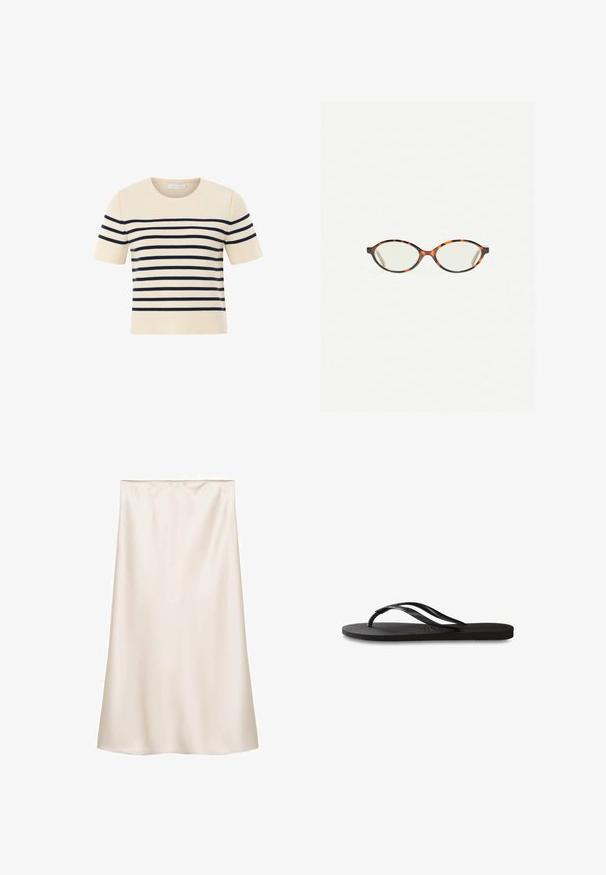 Cream short-sleeve sweater with navy horizontal stripes. Features a round neckline and ribbed cuffs and hem. Made from a soft knit material.; Satin midi skirt in off-white, straight cut with an elastic waistband, smooth texture, and no visible patterns or accents.; Black flip-flop featuring a textured rubber sole, two slender straps, and a subtle, embossed logo detail on the strap.; Tortoiseshell eyeglasses with oval lenses and a sleek, smooth finish. Features thin sides with a subtle curve at the temples. Clear lenses.