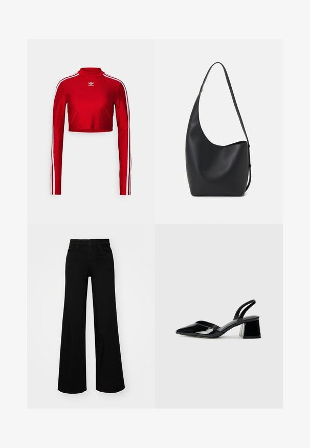 Top cropped de manga longa vermelho, feito de tecido suave, apresentando um colarinho alto, detalhes de riscas brancas nas mangas e um logótipo no peito.; Calças largas pretas em denim, com uma cintura estruturada, passantes para cinto e bolsos frontais. Textura suave com um design clássico.; Sandy em verniz preto com salto slingback, ponta afilada e salto geométrico. Apresenta um design elegante e minimalista com textura suave.; Saco hobo preto em pele com uma textura lisa, forma curva e uma única alça ajustável; apresenta uma abertura larga na parte de cima.