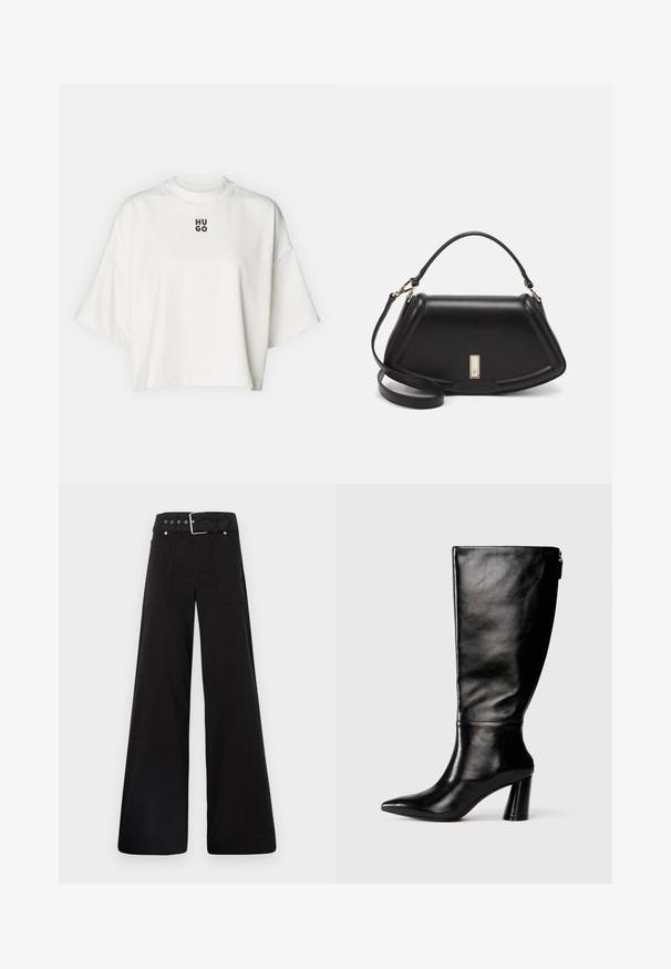 Biely skrátený tričko vyrobené z jemného materiálu, s okrúhlym výstrihom a krátkymi, širokými rukávmi. Uprostred čierny logo "HUGO" v tučnom písme.; Čierne nohavice so širokými nohavicami vyrobené z bavlny, s vysokým pásom, veľkými bočnými vreckami a opaskom s prackou so striebornými detailmi.; Čierna kožená čižma po kolená s špicatou špičkou, hladkou textúrou a masívnym opätkom. Obsahuje detail zipsu na zadnej strane.; Čierna kožená kabelka so štruktúrovaným dizajnom, s krátkym tvarom, hornou rúčkou a zlatými prvkami. Súčasťou je nastaviteľný ramenný popruh.