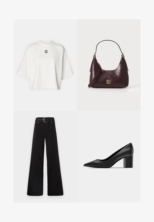 Hvit kort t-skjorte laget av mykt stoff, med rund hals og korte, vide ermer. Sentrert svart "HUGO"-logo i fet skrift.; Sorte vidde bukser laget av bomull, med høy midje, store sidelommer og belte med sølv detaljer.; Sorte lærpumper med spiss tå og kraftig kvadratisk hæl. Glatt tekstur, enkelt design, passende for formelle anledninger.; Burgunderfarget lærhåndveske med en buet form, gullfarget detaljer på hardware og glidelås lukking. Har en avtagbar skulderrem.