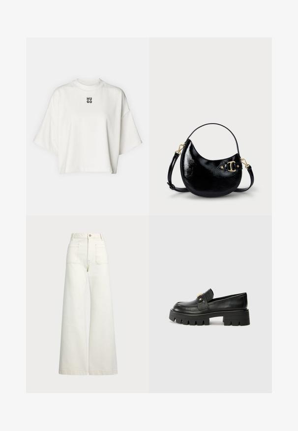 Camiseta blanca recortada hecha de tela suave, con escote redondo y mangas cortas y anchas. Logo negro "HUGO" centrado en negrita.; Jeans de pierna ancha en denim color blanco roto. Diseño de cintura alta con cierre de botón, dos bolsillos frontales y detalles de costura en contraste.; Mocasines de cuero negro con una suela gruesa, que presentan un acento en tono dorado en la parte delantera y un acabado suave. Diseño de suela con dibujo grueso.; Bolso de mano de charol negro con forma curvada, correa ajustable y detalles en hardware dorado en el lateral. Textura lisa y brillante.