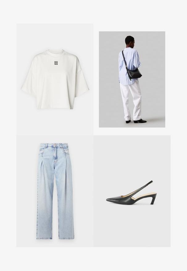 Tricou alb scurt dintr-un material moale, cu guler rotund și mâneci scurte, late. Logo-ul negru "HUGO" centrat, scris cu litere îngroșate.; Jeans din denim albastru deschis cu talie înaltă, croială evazată, două buzunare laterale și un design pliat. Textură moale cu un finisaj decolorat.; Pantof cu toc mic, cu vârf ascuțit și slingback, realizat din piele netedă, având un design decupat pe lateral pentru respirabilitate.; Geantă de umăr din piele neagră cu o textură moale, formă triunghiulară și curea ajustabilă, asortată cu o bluză cu dungi albastre deschise și pantaloni albi.