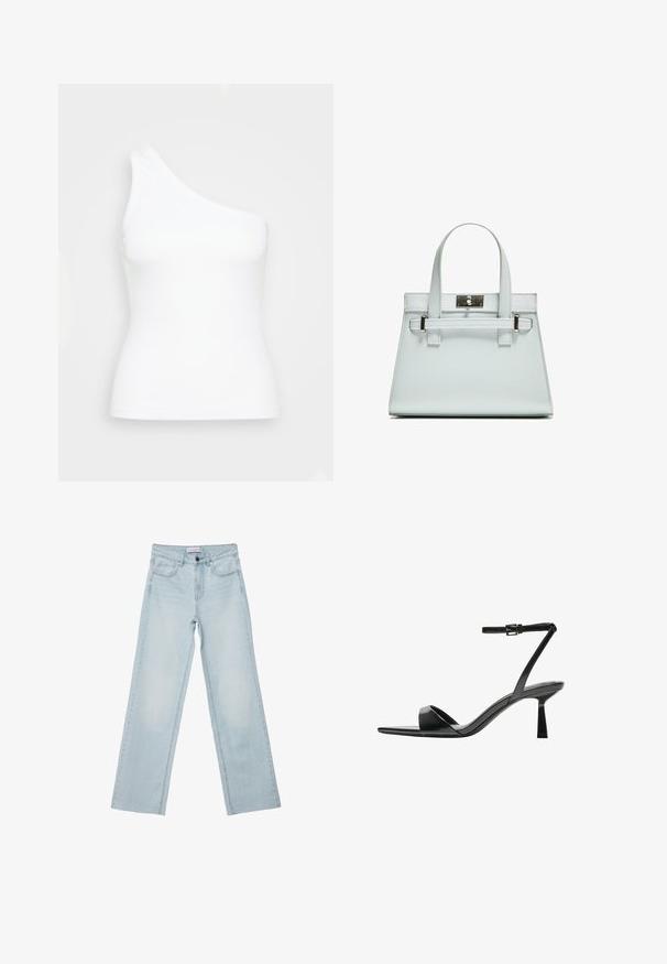 Biała top bezrękawnik na jedno ramię wykonany z prążkowanej tkaniny. Charakteryzuje się dopasowanym krojem i gładką fakturą oraz prostym, minimalistycznym wzornictwem.; Jasnoniebieskie dżinsy o szerokich nogawkach wykonane z denimu. Posiadają pięć kieszeni, zapięcie na guzik i przecierane detale. Klasyczny prosty krój z luźnym dopasowaniem.; Bershka - Sandały na obcasie; Jasnoniebieska torebka o strukturalnym designie, z dwoma uchwytami i zapięciem w srebrnym odcieniu. Teksturowany materiał i ostre krawędzie.