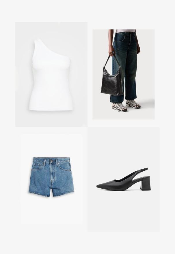 One-shoulder white tank top made of ribbed fabric. Features a fitted shape and smooth texture with a clean, minimal design.; Denim shorts in light blue, featuring five pockets, a zip fly, and a button closure. The hem is frayed with a relaxed fit design.; Black leather slingback heeled shoe with a pointed toe and a chunky block heel. Features an adjustable strap with a metal buckle.; Black leather shoulder bag with a smooth texture and adjustable strap, paired with faded wide-leg jeans and athletic sneakers.