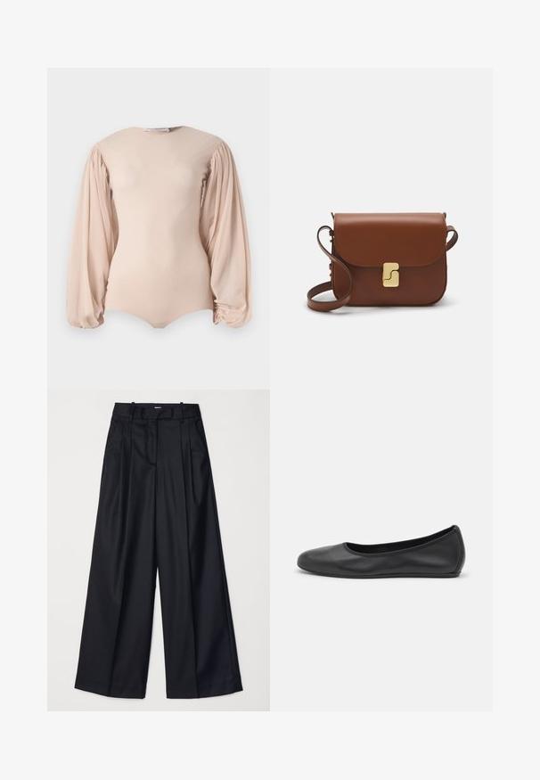 Nahat pikkade varrukatega bodi pundunud varrukatega ja ümarate kaelustega. Valmistatud pehmest ja venivast kangast, millel on sile tekstuur.; Mustad laiad püksid, mis on valmistatud sileda kangaga, kõrge vöökoha, voldikute ja vormitud disainiga. Vöökoha juures on lihtne must riistvara.; Musthave mustika tantsutossud mustast nahast, ümmarguse varbaga, siledast tekstuurist, minimaalse õmblusdetailiga ja paindliku tallakujundusega.; Pruunist nahast käekott, millel on klapiga sulgur, kuldne riistvara, õlarihm ja sile tekstuur. Kompaktne ristkülikukujuline vorm.