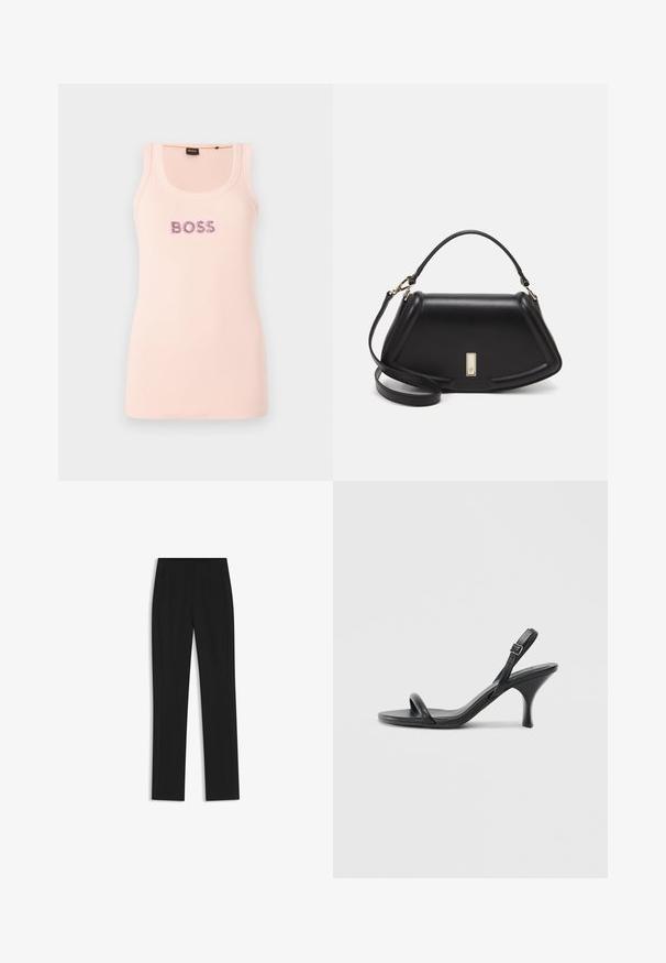 Light pink ribbed tank top featuring a front "BOSS" logo in sparkling embellishments. Rounded neckline and sleeveless design.; Black tailored trousers with a straight-leg design, featuring front pockets and a smooth, textured fabric. Neat, minimal detailing.; Black leather high-heeled sandals with a slim, curved heel and a crossed strap design. Adjustable ankle strap. Smooth texture.; Black leather handbag with a structured design, featuring a cropped shape, top handle, and gold hardware accent. Adjustable shoulder strap included.