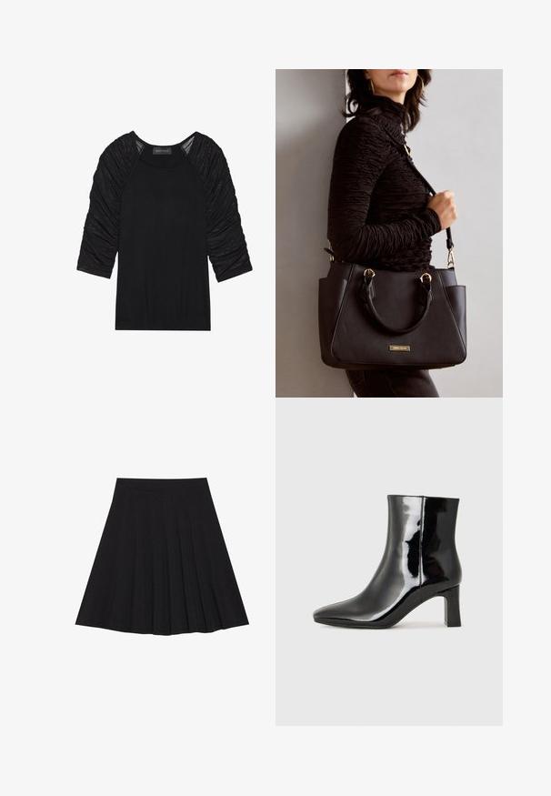 Črna majica s tridelnimi rokavi. Rokavi imajo naguban, teksturiran material. Telo je gladko in prilegajoče. Oznaka pravi "ANNA FIELD."; Črna plisirana krila iz strukturiranega materiala s prilegajočim pasom. Segajo do kolen in ponujajo gladko, čisto silhueto.; Črne lakirane gležnjarje z ošiljenim nosom in srednje visokim blokastim peto. Gladka tekstura in minimalističen dizajn.; Črna torbica z teksturirano površino, z dvema zgornjima ročajema in nastavljivim ramenskim pasom. Ima zlatovrateče dodatke in stranske žepe.