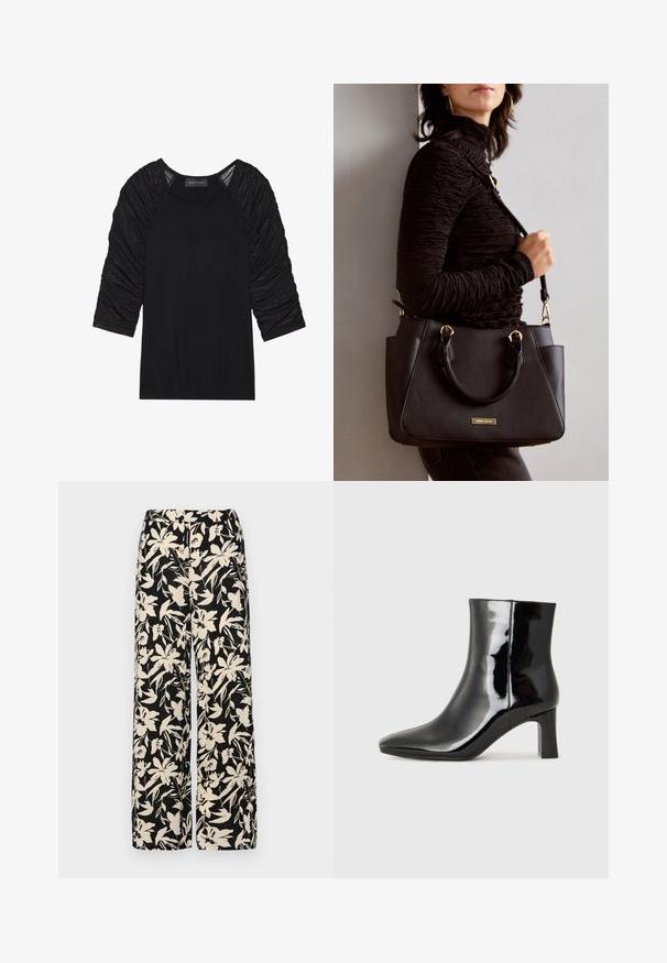 Czarny top z rękawami o długości trzech kwart. Rękawy mają marszczony, teksturowany materiał. Koronka jest gładka i dopasowana. Metka informuje "ANNA FIELD."; Czarne spodnie wide-leg z kremowym kwiatowym wzorem. Wykonane z lekkiego materiału, o gładkiej teksturze i wysokim staniku.; Czarne lakierowane botki za kostkę z wysmukłym noskiem i średniej wysokości obcasem w kształcie słupka. Gładka tekstura i minimalistyczny design.; Czarna torebka z teksturowanej powierzchni, podwójnymi uchwytami na górze i regulowanym paskiem na ramię. Posiada złote okucia i boczne kieszenie.