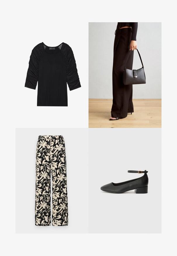 Schwarzes Oberteil mit dreiviertellangen Ärmeln. Die Ärmel sind aus gerafftem, strukturiertem Stoff. Der Oberkörper ist glatt und tailliert. Das Etikett trägt die Aufschrift "ANNA FIELD."; Schwarze weit geschnittene Hose mit einem cremefarbenen Blumenmuster. Hergestellt aus leichtem Stoff, mit einer glatten Textur und einem hohen Bund.; Schwarze Lederpumps mit spitzem Zehenbereich und niedrigem Blockabsatz. Mit einem Knöchelriemen und einer goldfarbenen Schnalle. Glatte Textur.; Schwarze Handtasche mit strukturierter Form, glatter Textur und einem metallischen Verschluss. Kombiniert mit weiten schwarzen Hosen und offenen Sandalen auf einem Holzboden.