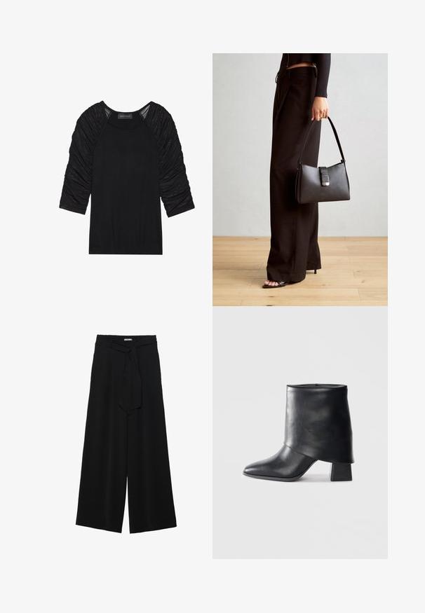 Fekete felső, háromnegyedes ujjal. Az ujjak gyűrött, texturált anyagból készültek. A test sima és testhez simuló. A címke felirata: "ANNA FIELD."; Fekete, bő szárú nadrág, texturált anyagból, rugalmas derékpánttal és levehető sállal a derekán, amely állítható illeszkedést biztosít.; Fekete bőr bokacsizma, hegyes orral, sima felülettel és strukturált blokk sarokkal. Magas, hajtott szegéllyel rendelkezik.; Fekete kézi táska strukturált formával, sima textúrával és fémből készült záródással. Széles fekete nadrággal és nyitott orrú szandállal párosítva, fából készült padlón.