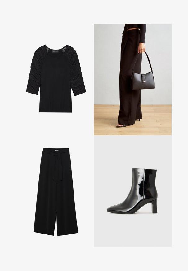 Svart topp med trekvart lange ermer. Ermene har en samlet, teksturert stoff. Kroppen er glatt og tettsittende. Merkningen sier "ANNA FIELD."; Svart vide bukser med teksturert stoff, elastisk midje og avtagbart belte som gir justerbar passform.; Sorte patentlær ankle boot med spiss tå og en mellomhøy blokkhelt. Glatt tekstur og minimalistisk design.; Svart håndveske med strukturert form, jevn tekstur og metallisk lås. Kombinert med brede svarte bukser og sandaler med åpen tå på tregulv.