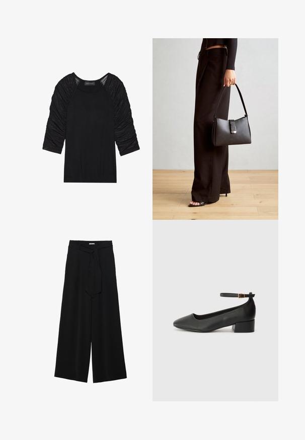 Top nero con maniche a tre quarti. Le maniche presentano un tessuto arricciato e testurizzato. Il corpo è liscio e aderente. L'etichetta riporta "ANNA FIELD."; Pantaloni neri a gamba larga caratterizzati da un tessuto testurizzato, una vita elastica e una cintura staccabile per una vestibilità regolabile.; Pump in pelle nera con punta affusolata e tacco basso a blocco. Presenta una cinghia alla caviglia con una fibbia in tonalità oro. Texture liscia.; Borsa nera con forma strutturata, texture liscia e una chiusura metallica. Abbinata a pantaloni neri larghi e sandali open-toe su un pavimento in legno.