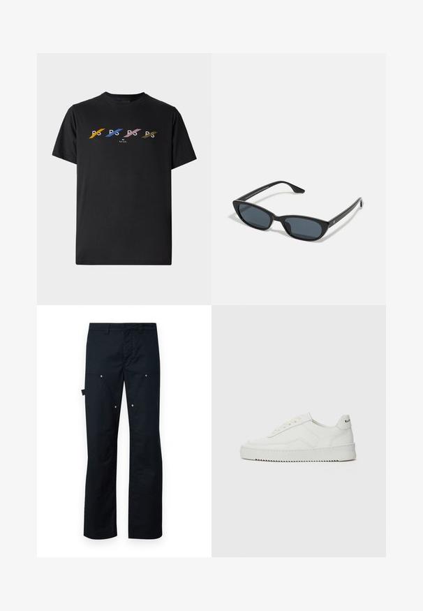 Černé bavlněné tričko s barevným potiskem, na kterém jsou písmena "P" a "S" v žluté, modré, růžové a zelené barvě, umístěná na středu hrudi.; Černé cargo kalhoty vyrobené z odolné látky, s rovný střih, několika kapsami a jemnými stříbrnými kovovými detaily.; Bílé kožené tenisky s hladkým povrchem, kulatou špičkou, plochými tkaničkami a texturovanou podrážkou. Na patě se nachází nenápadné logo.; Černé sluneční brýle typu cat-eye s tmavými skly, plastovým rámem, úzkými nohami a jemným brandingem na vnitřní straně ramene. Matte povrchová textura.
