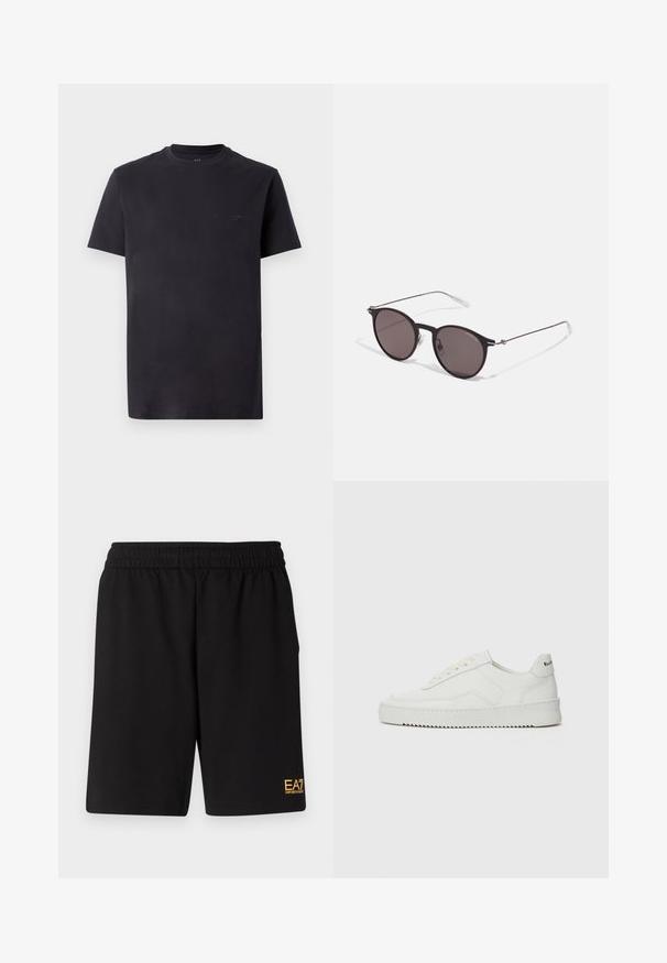 Must musta t-särk kõrge kraega, lühikeste varrukatega ja reljeefse logoga rinnal. Sile tekstuur, mugav lõike.; Mustad mustad lühikesed püksid, mis on valmistatud pehmest kangast. Omavad elastset vöökohta ja väikest kollast EA7 logo vasakul jalal.; Valge nahast tennis, millel on sile põhi, ümar varvas, lamedad nöörid ja tekstuuriline tall. Sisaldab diskreetset logo kontsaribal.; Mustad mustad prillid tumedate läätsedega ja õhukeste metallist käepidemetega. Kaarja kujuga seljaosa ja hõbedased aktsendid hingel. Minimalistlik disain.