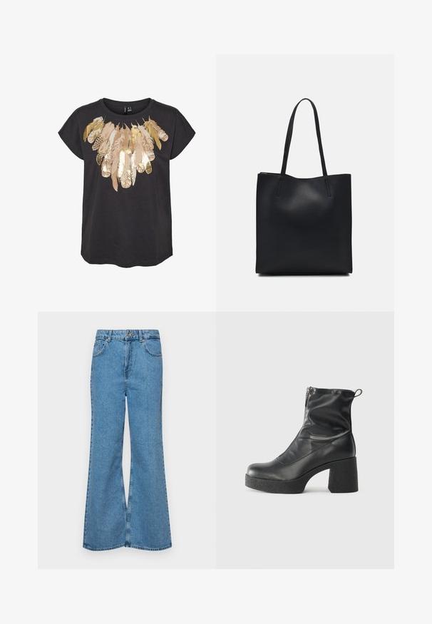 Camiseta de manga corta negra con un diseño de pluma en tonos dorado y beige en el pecho. Material de algodón ligero.; Jeans acampanados de color azul claro hechos de denim, con una cintura alta, cinco bolsillos y un cierre de botón. Textura suave con acabado desgastado.; Botines negros de tobillo, hechos de cuero suave, con cierre lateral, tacón grueso texturizado y diseño de punta redondeada.; Bolso tote de cuero negro con textura lisa, forma rectangular y dos asas largas. Sin herrajes ni adornos visibles.