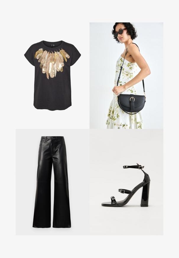 Juodas trumpomis rankovėmis marškinėliai su plunksnos raštu, dekoruotu auksiniais ir smėliniais akcentais per krūtinę. Lengvas medvilninis audinys.; Juodos aukšto juosmens plačios kojų dirbtinės odos kelnės su priekiniais mygtukais, užtrauktuku, diržo kilpomis ir šoninėmis kišenėmis ant balto fono.; Juoda blizgi lakuota basutė su kvadratiniu pirštu, kulkšnies dirželiais ir sidabro sagtimis. Yra tvirta blokinė kulno konstrukcija, užtikrinanti stabilumą.; Juodas odinis krepšys su išlenkta forma, nuimamu dirželiu ir auksiniais detalėmis. Krepšys turi kilpą su sagtimi.