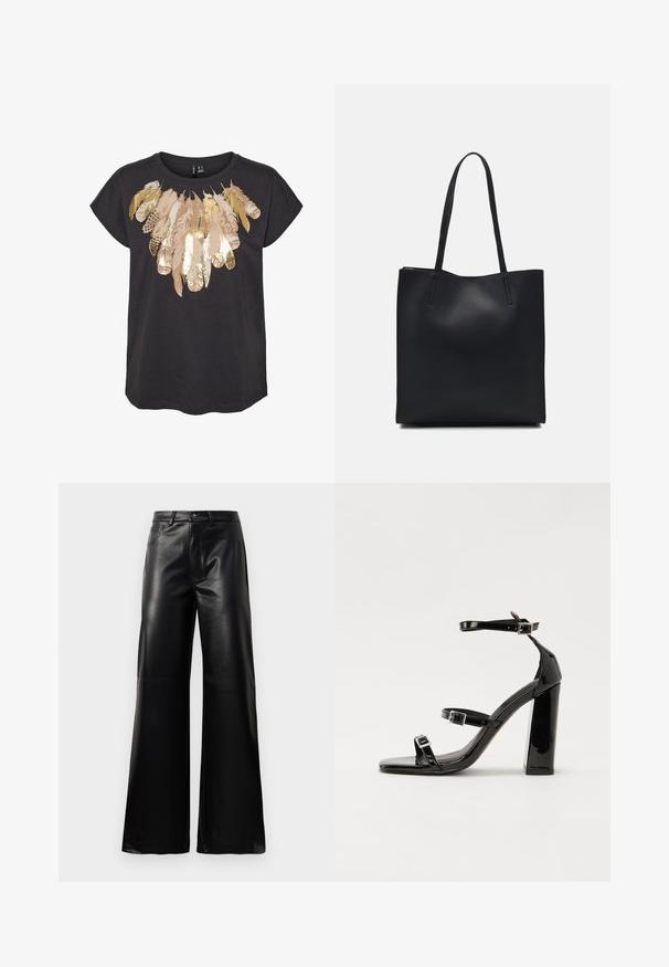 Melnas īsām piedurknēm t-krekls ar spalvas dizainu, kas rotāts ar zelta un bēša akcentiem uz krūšu daļas. Viegls kokvilnas materiāls.; Melnas augstās jostas platajās kājās sintētiskās ādas bikses ar priekšējo pogu, rāvējslēdzēju, jostas cilpām un sānu kabatām uz baltā fona.; Melnas lakotas augstpapēžu čības ar kvadrāta purngalu, potīšu siksniņām un sudraba sprādzēm. Aprīkotas ar masīvu bloku papēdi stabilitātei.; Melnas ādas somiņa ar gludu tekstūru, taisnstūra formu un divām garām rokturiem. Nav redzamu aparatūras vai rotājumu.