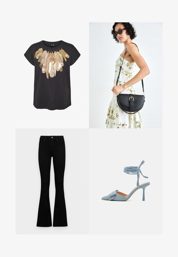 Czarny t-shirt z krótkim rękawem z motywem pióra w złotych i beżowych akcentach na klatce piersiowej. Lekki materiał bawełniany.; Czarne, wysokie dżinsy z guzikem i zamkiem błyskawicznym, z przednimi kieszeniami i rozszerzanymi nogawkami, leżące płasko na białym tle.; Czółenka na wysokim obcasie z ostrym noskiem w jasnoniebieskim materiale o teksturowanym wykończeniu, z akcentem w postaci kokardy i paskiem wokół kostki zapewniającym stabilne dopasowanie.; Czarna skórzana torebka o zakrzywionym kształcie, z odpinanym paskiem i złotymi akcentami. Torebka posiada klapę z zapięciem w kształcie klamry.