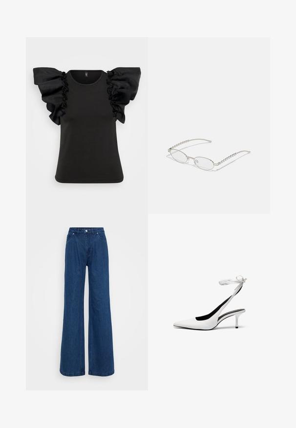 T-shirt preto de mangas curtas com grandes mangas transparentes e frouxas. Feito de material suave, com um decote arredondado e corpo justo.; Jeans de ganga azuis de perna larga com uma cintura alta, fecho frontal por botão e zip e bolsos dianteiros e traseiros sobre um fundo plain.; Sapatos de salto alto brancos com biqueira fina e tiras de calcanhar. Material de couro liso, salto agulha fino e forro interior preto.; Óculos ovais com uma armação metálica prateada, lentes transparentes e detalhes texturizados em contas nas hastes. Design leve com braços curvos.