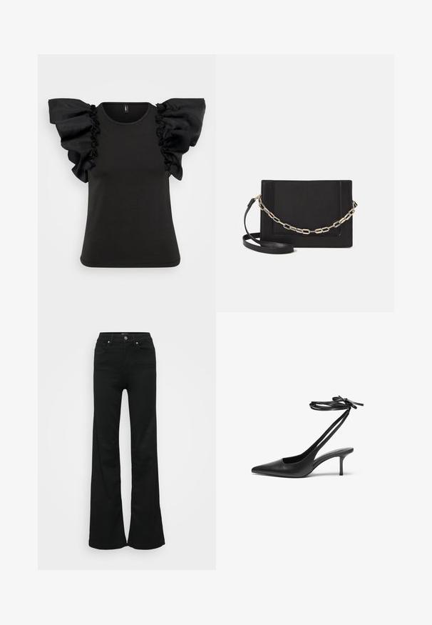 Camiseta negra de manga corta con grandes mangas de tela transparente con volantes. Hecha de material suave, con un escote redondeado y un cuerpo ajustado.; Pantalones vaqueros negros acampanados de mezclilla, con cintura alta, cinco bolsillos y cierre de botón metálico. Textura suave con un detalle mínimo.; Zapato de charol negro con tacón de aguja y punta afilada, con la parte trasera abierta y correas en los tobillos atadas en forma de lazo. Tacón delgado de 3 pulgadas. Textura suave, diseño minimalista.; Bolso cruzado de piel negra con textura suave, forma rectangular y un detalle de cadena metálica en el frente. Incluye una correa ajustable.; Anillo de plata de doble banda con una superficie lisa y pulida. Presenta un diseño fluido y curvado con secciones superpuestas para un aspecto moderno.