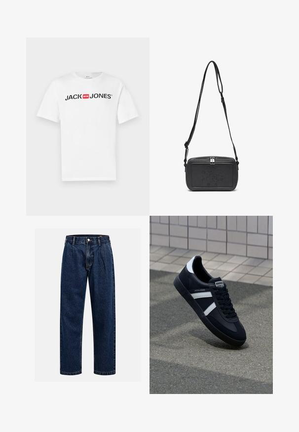Valge puuvillane t-särk, millel on suur must "JACK & JONES" logo punase kasti aktsendiga. Lühikesed varrukad ja klassikaline ümarsärk.; Tumed sinine denimiteksad sirge lõikega. Omavad nähtavat tikandit, nuppe sulgemiseks ning ees olevaid voldikesi lisadetailiks.; Must have musta sneaker musta valgete triipudega, tekstuurne kummitald ja nööridega esiosa. Omab bränditud märki keele peal.; Musternast mustriga nahast ristiõlgadega kott, millel on tõmbluku sulgemine, esiküljel on sissepressitud logo ja reguleeritav rihm. Sile tekstuur ja ristkülikukujuline kuju.