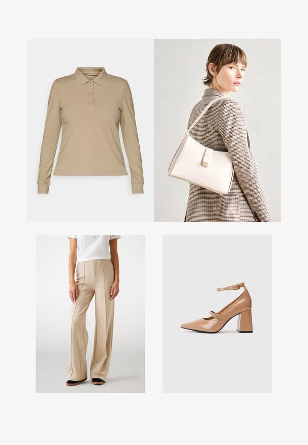 Beige polo tričko s dlouhým rukávem vyrobené z hladkého materiálu, se stojáčkem a dvoucestným zapínáním na tři knoflíky, s úzkými manžetami a rovnými lemy.; Béžové široké kalhoty vyrobené z hladkého materiálu, s předními záhyby a vysokým pasem. V kombinaci s černými a hnědými plochými botami.; Béžové lakované kožené lodičky na vysokém podpatku s špičatou špičkou, s páskem kolem kotníku a silným čtvercovým podpatkem. Hladký povrch s lesklým finišem.; Bílá kožená kabelka se strukturálním designem, s magnetickým uzávěrem a ramenním popruhem, prezentovaná na neutrálním pozadí.