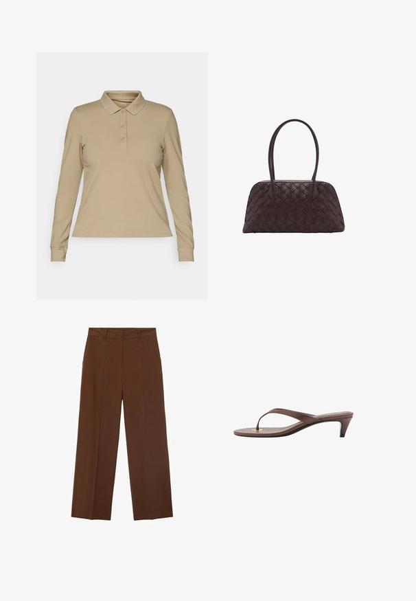 Béžová polokošeľa s dlhým rukávom z hladkej látky, s golierom a zapínaním na tri gombíky, s priliehajúcimi manžetami a rovnými spodnými okrajmi.; Hnedé široké nohavice vyrobené z hladkej látky s vysokým pásom, s prednými vreckami a upraveným záhybom vpredu.; Hnedá platformová žabková sandála s úzkym remienkom a zaobleným prstom, s malým zlatým akcentom na podrážke.; Tkaná hnedá kožená kabelka zaobleného tvaru, s dvojitými hornými uchami a hladkým povrchom; obsahuje jemné prešívanie pre dizajnový detail.; Priehľadné a jantárové prstene z živice, jeden je hladký a priesvitný, druhý má textúrovaný jantárový povrch. Obe sú zaoblené a robustné.