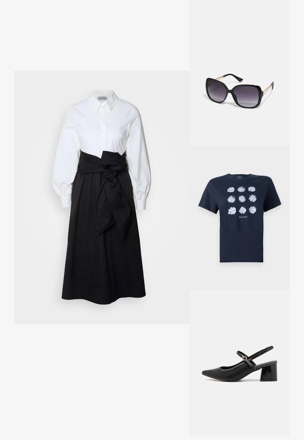 Námornícka bavlnená tričko s mriežkou deviatich modrých kvetinových vzorov, krátkymi rukávmi, okrúhlym výstrihom a jemným logom na spodnej časti.; Biela košeľa s dlhými puff rukávmi, spárovaná s čiernou sukňou a látkovým opaskom zviazaným v páse, vyrobená z hladkej bavlnenej tkaniny.; Čierne lakované kožené lodičky so slingback dizajnom, špicatou špičkou, zaobleným výrezom a blokovým podpätkom. Obsahuje akcent zlatého tónu s prackou.; Čierne oversized slnečné okuliare s gradientovými sklíčkami, hrubými rámami a zlatým retiazkovým detailom na stranách.; Hnedá umelá kožená taška cez rameno s zakriveným tvarom, minimalistickým šitím a zlatými akcentami. Obsahuje zips na vrchu a nastaviteľný popruh.