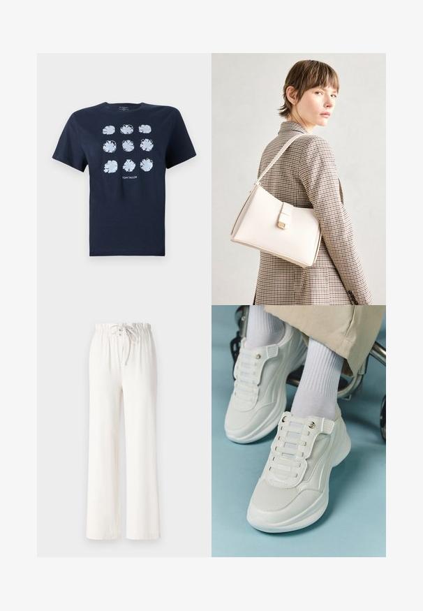 Navy zīda T-krekls ar devīņām zilo ziedu zīmējumu režģa, īsām piedurknēm, apaļu apkakli un diskrētu logo detaļu apakšā.; Baltas platās bikses, izgatavotas no mīkstas auduma, ar punktu jostas vietā un gludu tekstūru. Nav redzami raksti vai rotājumi.; Baltie sporta apavi ar sietu materiālu, gumijas zoli, bez šņoru dizainu ar elastīgām beigām un zeltainiem akcentiem.; Balta ādas rokassoma ar strukturētu dizainu, kurai ir magnētiska aizdare un plecu josta, parādīta uz neitrāla fona.