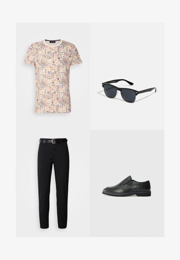 Korte mouw t-shirt van beige stof met geometrische patronen in oranje, marineblauw en bruin. Ronde hals met contrasterende afwerking.; Zwarte broek met een rechte snit, voorzien van een zachte textuur en een zwarte leren riem met een zilveren gesp. Eenvoudig ontwerp, zonder patronen of accenten.; Zwarte leren instapper met een soepele bovenkant, gestikte accenten, ronde neus en een lage rubberen hak. De zool heeft minimale profiel.; Zwarte zonnebril met een rechthoekige vorm, donkere lenzen, zilveren accenten bij de slapen en een matte afwerking op het montuur.