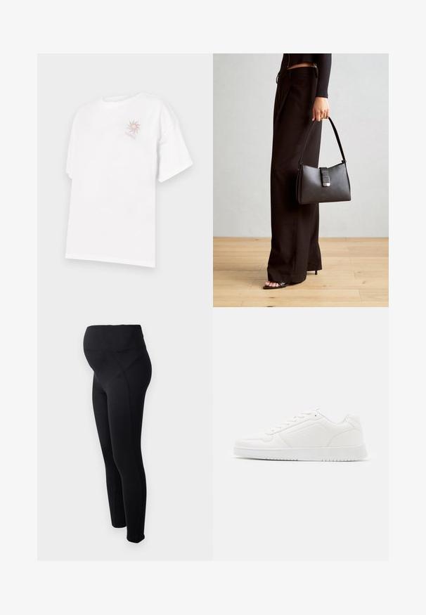 Hvit bomulls t-skjorte med avslappet passform, med et lite solgrafikk i beige og rosa på venstre brystområde. Korte ermer.; Svart graviditetsleggings med høy midje, laget av elastisk materiale. Har en glatt tekstur og en tettsittende design for komfort.; Hvit sneaker laget av glatt syntetisk materiale, med avrundet tå, snøredesign, flat såle og subtil perforering.; Svart håndveske med strukturert form, jevn tekstur og metallisk lås. Kombinert med brede svarte bukser og sandaler med åpen tå på tregulv.