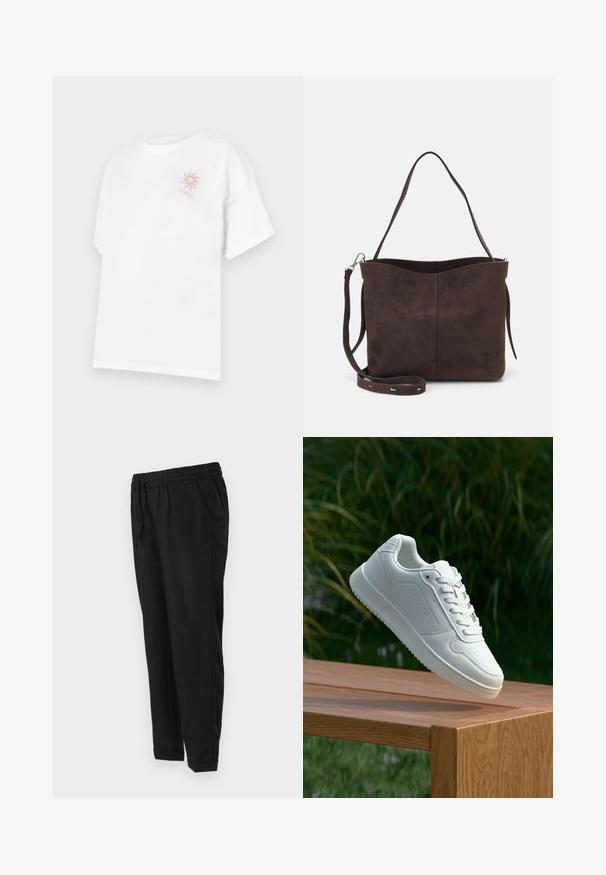 Valge puuvillane t-särk, millel on mugav lõike, vasakus rinnas on väike beeži ja roosa päikese graafika. Lühikesed varrukad.; Mustad püksid elastse vöökoha, küljetaskute, kitsenevate jalgade ja rullitud sääreotstega. Valmistatud siledast, kergest kangast.; Valged sneakerd, millel on sile sünteetiline ülemine osa, väikeste aukudega varvaskast, lamedad paelad ja tekstuuriga tald, eksponeeritud puidust pinnal.; Pruun nubukist kott pehme tekstuuriga, millel on üks õlavarre rihm ja peene kumer ülemine ava. Nähtavaid metallosi pole.