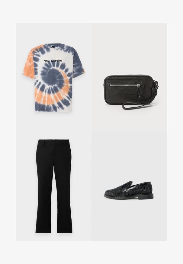 Medvilninis marškinėliai su mėlyna, oranžine ir balta tvirtinimo technika, su apvaliomis iškirpėmis ir "The Kooples" logotipu juoda spalva ant krūtinės.; Juodos plačios kelnės, pagamintos iš medvilnės mišinio, su mygtukų uždarymu, diržo kilpomis ir lygia tekstūra be matomų raštų.; Juodas pintas slip-on tipo batelis su lygiu odiniu akcentu viršuje, apvalios nosies dizainas ir žemas guminis padas.; Juodas odinis delninukas su tekstūruotu paviršiumi, priekinė užtrauktuko kišenė ir nuimama riešo juosta. Priekyje yra logotipo etiketas. Stačiakampio formos.
