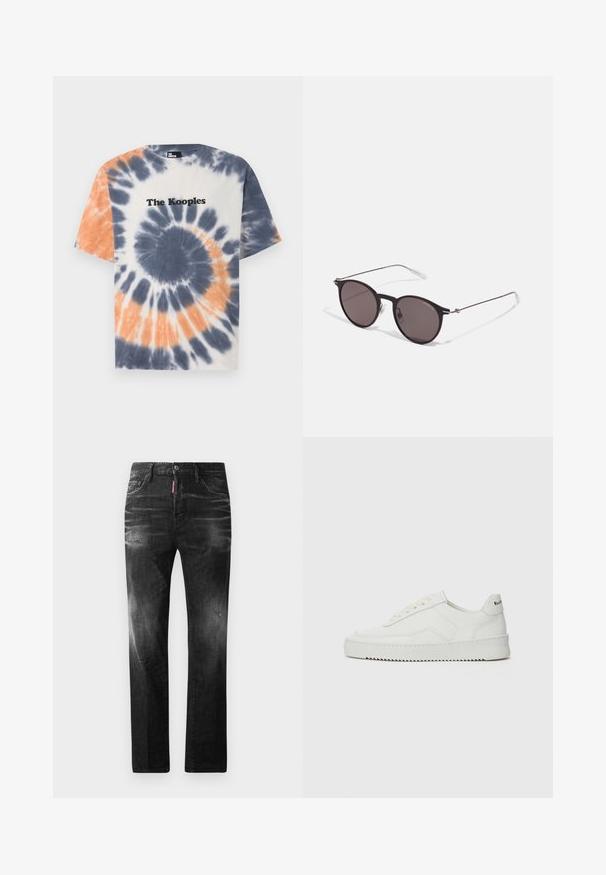 Bavlněné tričko s modrým, oranžovým a bílým tie-dye vzorem, s klasickým výstřihem a logem "The Kooples" v černé barvě přes prsa.; Černé džíny z denimu se rovnými nohavicemi. Obsahují vybledlé oblasti, drobné poškození, klasický pětikapsový design a zapínání na knoflík.; Bílé kožené tenisky s hladkým povrchem, kulatou špičkou, plochými tkaničkami a texturovanou podrážkou. Na patě se nachází nenápadné logo.; Černé kulaté sluneční brýle s tmavými skly a tenkými kovovými nohami. Obsahují průhledné koncovky nožiček a stříbrné akcenty na pantu. Minimalistický design.