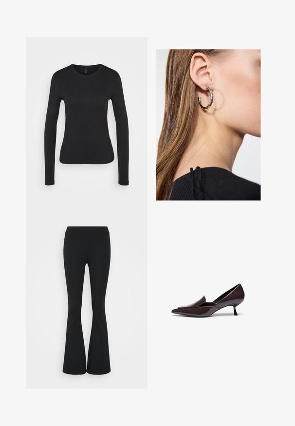 Camisa preta de manga longa em tecido suave. Apresenta um decote redondo, corte justo e detalhes de costura central. Sem logótipos ou padrões visíveis.; Blusa preta feita de um tecido suave com um decote alto franzido, uma abertura em forma de gota na parte da frente e mangas longas bufantes com punhos ajustados.; Calças pretas de corte alargado feitas de tecido elástico, com uma cintura alta e uma textura suave. As calças alargam-se a partir do joelho.; Sapatos de salto agudo em pele sintética castanha escura com um salto stiletto baixo e uma silhueta elegante, apresentando um vamp ligeiramente elevado.; Brinco de argola prateada com acabamento polido, apresentando pequenos detalhes em dourado e uma forma redonda, usado na orelha.