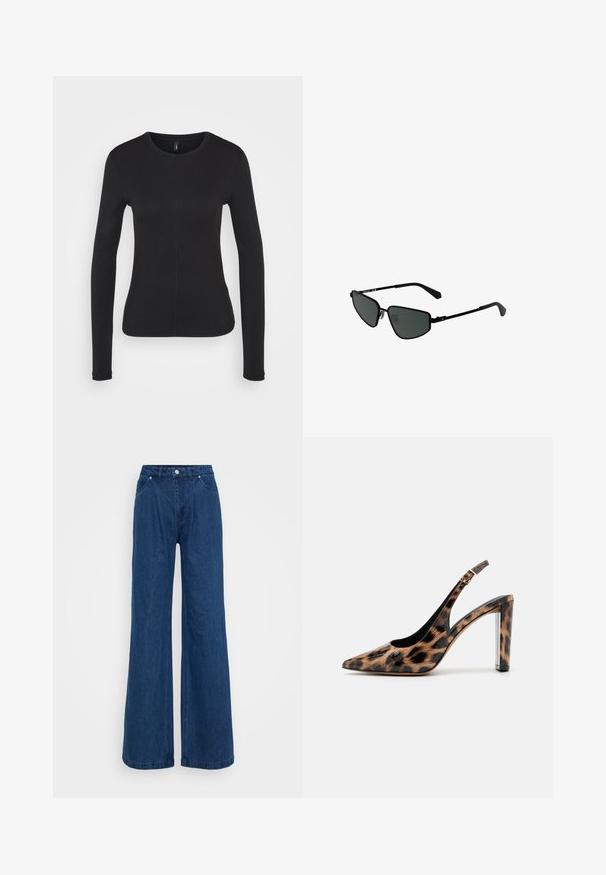 Cămașă neagră cu mânecă lungă dintr-un material moale. Are un guler rotund, croi slim și detalii cu cusături centrale. Fără logo-uri sau modele vizibile.; Jeans din denim albastru, cu pantaloni largi, talie înaltă, închidere cu buton și fermoar frontal, și buzunare în față și în spate, pe un fundal simplu.; Pantof cu toc înalt, cu imprimeu leopard, cu vârf ascuțit și toc transparent. Fabricat dintr-un material lucios, cu o textură netedă.; Ochelari de soare negri din metal cu rame unghiulare și lentile întunecate. Au brațe subțiri și drepte și suporturi pentru nas pentru o potrivire sigură.; Cercel din argint cu un finisaj polișat, având detalii mici din aur și o formă rotundă, purtat pe lobul urechii.