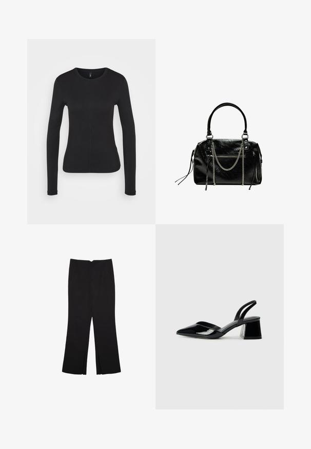 Črna majica z dolgimi rokavi iz mehkega blaga. Ima okroglo ovratnico, slim fit kroj in detajle središnjih šivov. Brez vidnih logotipov ali vzorcev.; Črne hlače ravnega kroja z naglavnimi žepi in stranskimi razporki na robu. Narejene iz mehke, gladke tkanine. Primerne za različne priložnosti.; Črne lakirane slingback pete s koničastim nosom in geometrijsko blokasto peto. Imajo eleganten, minimalističen dizajn in gladko teksturo.; Bershka WITH CHAIN - Torbica - black