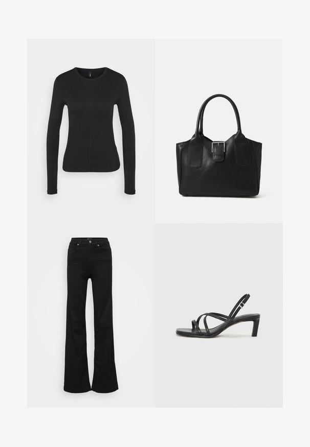Schwarzes Langarmshirt aus weichem Stoff. Mit Rundhalsausschnitt, slim fit und mittigen Nähten. Keine sichtbaren Logos oder Muster.; Schwarze, ausgestellte Jeans aus Denim, mit hoher Taille, fünf Taschen und Metallknopfverschluss. Glatte Textur mit minimaler Gestaltung.; Schwarze Sandale mit Riemchen, quadratischer Zehenform und niedrigem Blockabsatz. Verfügt über mehrere dünne Riemen und einen verstellbaren Knöchelriemen. Hergestellt aus glattem Leder.; Schwarze Leder-Tote mit glatter Textur, strukturiertem Design, zwei Griffen und einem auffälligen silbernen Schnallen-Detail auf der Vorderseite.
